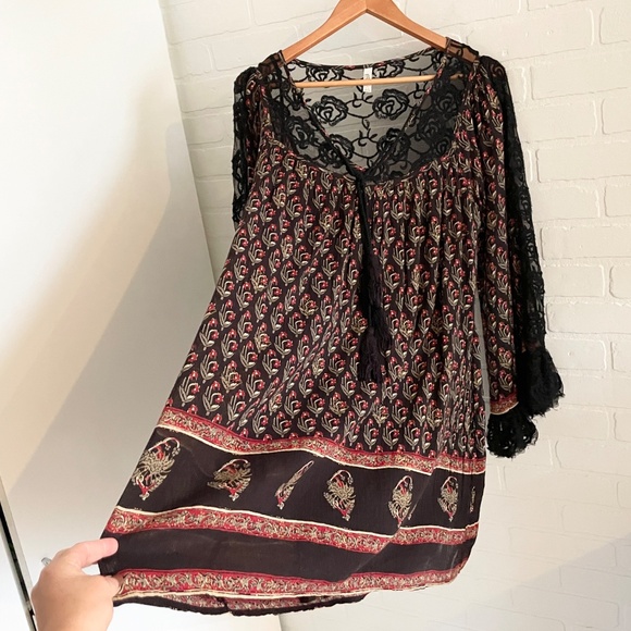 Free People Nomad Child Boho Dress Sexy Lace back fringe Dark Floral S Oversized - Picture 6 of 16